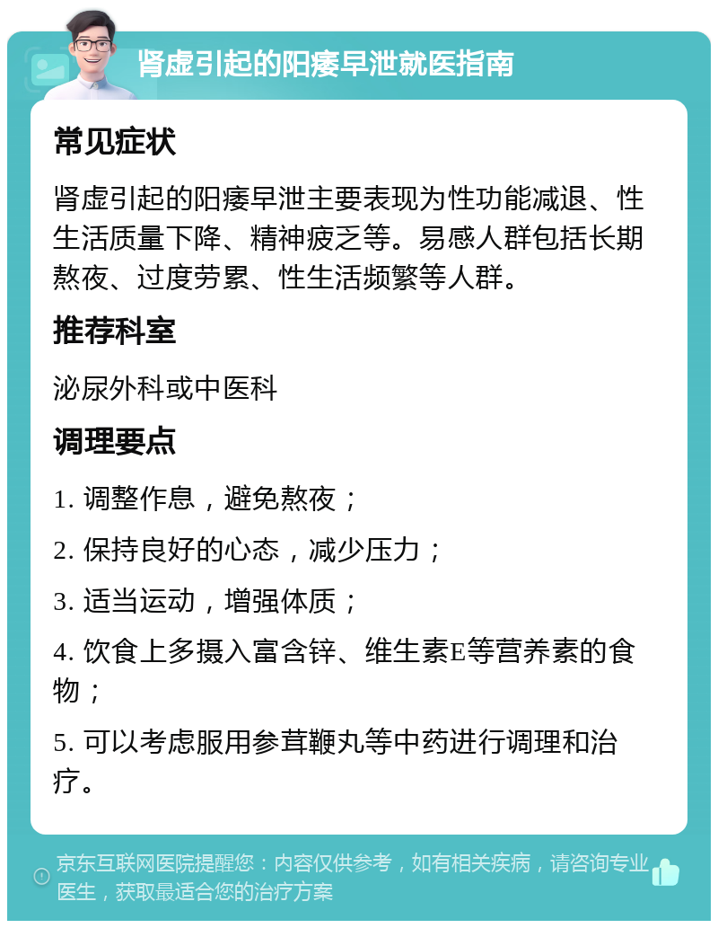 肾虚引起的阳痿早泄就医指南 常见症状 肾虚引起的阳痿早泄主要表现为性功能减退、性生活质量下降、精神疲乏等。易感人群包括长期熬夜、过度劳累、性生活频繁等人群。 推荐科室 泌尿外科或中医科 调理要点 1. 调整作息，避免熬夜； 2. 保持良好的心态，减少压力； 3. 适当运动，增强体质； 4. 饮食上多摄入富含锌、维生素E等营养素的食物； 5. 可以考虑服用参茸鞭丸等中药进行调理和治疗。