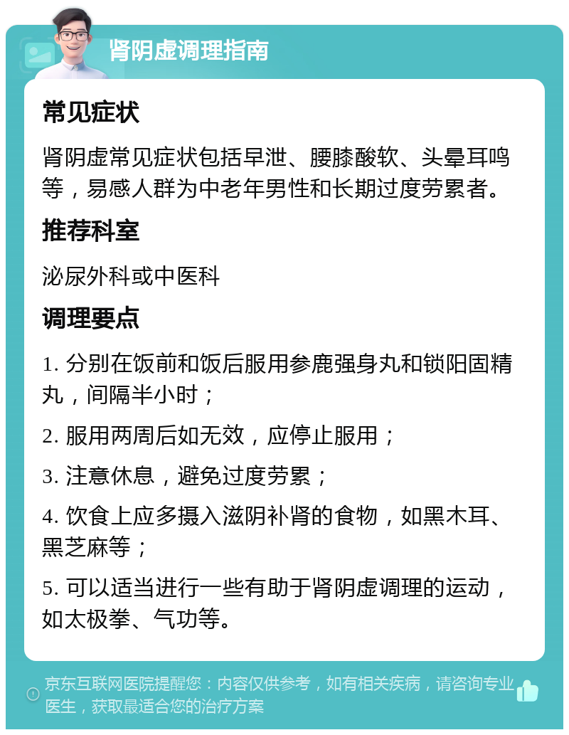 肾阴虚调理指南 常见症状 肾阴虚常见症状包括早泄、腰膝酸软、头晕耳鸣等，易感人群为中老年男性和长期过度劳累者。 推荐科室 泌尿外科或中医科 调理要点 1. 分别在饭前和饭后服用参鹿强身丸和锁阳固精丸，间隔半小时； 2. 服用两周后如无效，应停止服用； 3. 注意休息，避免过度劳累； 4. 饮食上应多摄入滋阴补肾的食物，如黑木耳、黑芝麻等； 5. 可以适当进行一些有助于肾阴虚调理的运动，如太极拳、气功等。