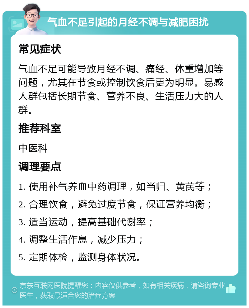 气血不足引起的月经不调与减肥困扰 常见症状 气血不足可能导致月经不调、痛经、体重增加等问题，尤其在节食或控制饮食后更为明显。易感人群包括长期节食、营养不良、生活压力大的人群。 推荐科室 中医科 调理要点 1. 使用补气养血中药调理，如当归、黄芪等； 2. 合理饮食，避免过度节食，保证营养均衡； 3. 适当运动，提高基础代谢率； 4. 调整生活作息，减少压力； 5. 定期体检，监测身体状况。