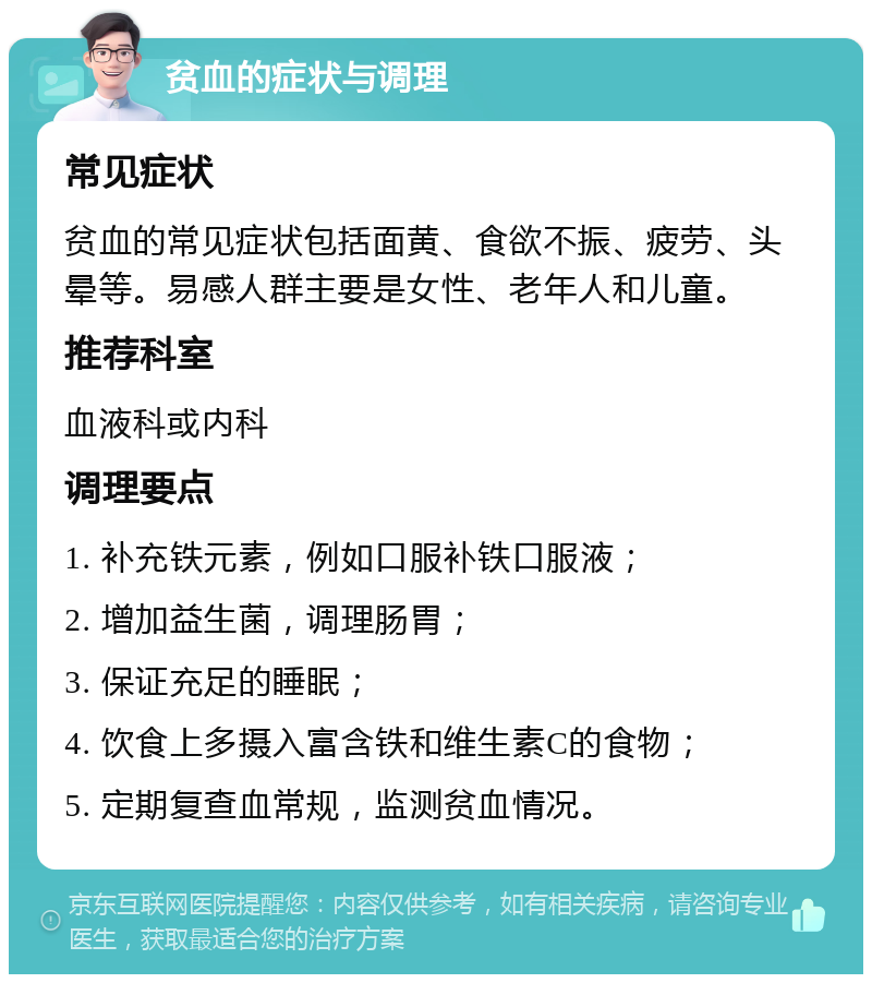 贫血的症状与调理 常见症状 贫血的常见症状包括面黄、食欲不振、疲劳、头晕等。易感人群主要是女性、老年人和儿童。 推荐科室 血液科或内科 调理要点 1. 补充铁元素，例如口服补铁口服液； 2. 增加益生菌，调理肠胃； 3. 保证充足的睡眠； 4. 饮食上多摄入富含铁和维生素C的食物； 5. 定期复查血常规，监测贫血情况。