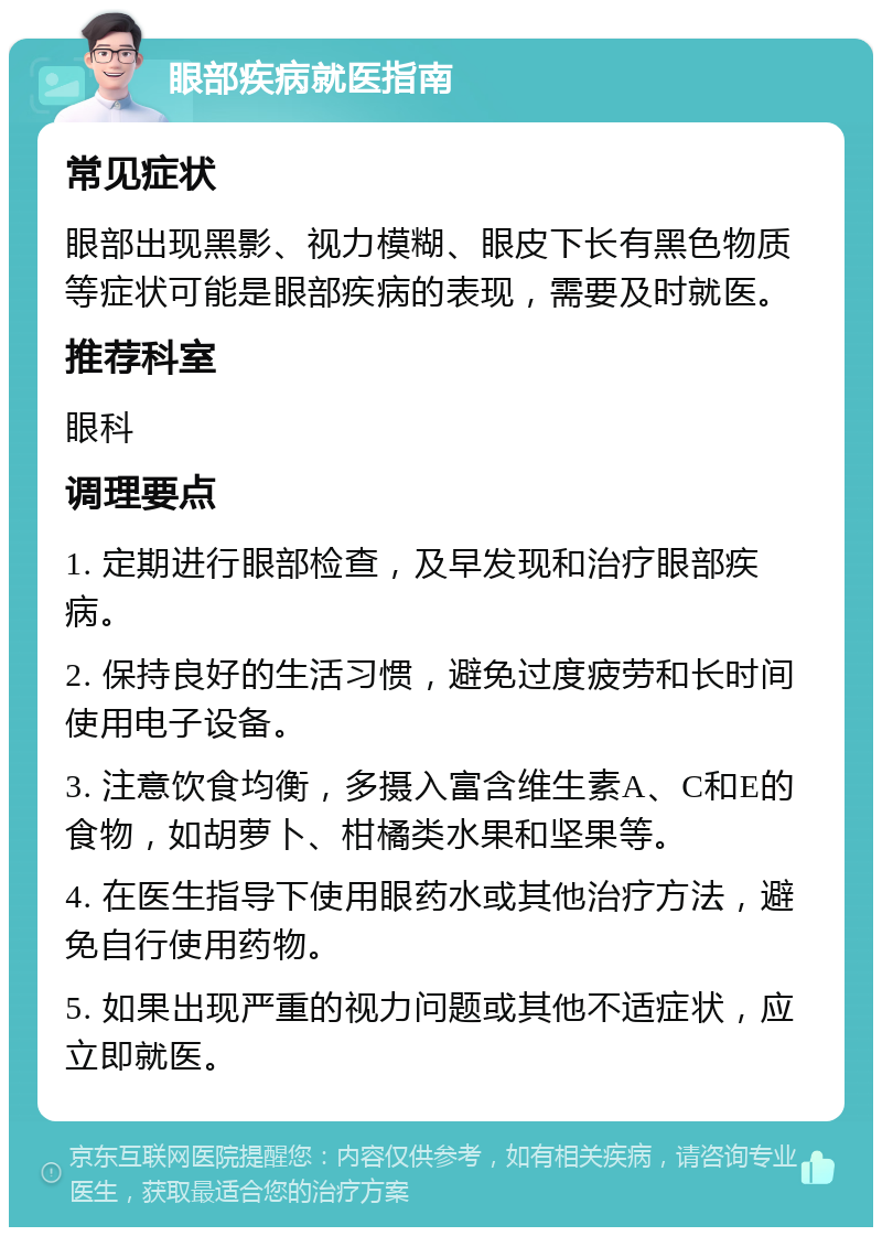 眼部疾病就医指南 常见症状 眼部出现黑影、视力模糊、眼皮下长有黑色物质等症状可能是眼部疾病的表现，需要及时就医。 推荐科室 眼科 调理要点 1. 定期进行眼部检查，及早发现和治疗眼部疾病。 2. 保持良好的生活习惯，避免过度疲劳和长时间使用电子设备。 3. 注意饮食均衡，多摄入富含维生素A、C和E的食物，如胡萝卜、柑橘类水果和坚果等。 4. 在医生指导下使用眼药水或其他治疗方法，避免自行使用药物。 5. 如果出现严重的视力问题或其他不适症状，应立即就医。