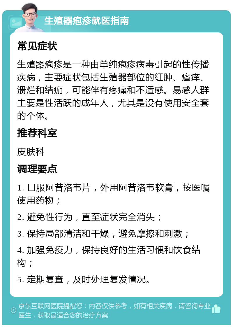 生殖器疱疹就医指南 常见症状 生殖器疱疹是一种由单纯疱疹病毒引起的性传播疾病，主要症状包括生殖器部位的红肿、瘙痒、溃烂和结痂，可能伴有疼痛和不适感。易感人群主要是性活跃的成年人，尤其是没有使用安全套的个体。 推荐科室 皮肤科 调理要点 1. 口服阿昔洛韦片，外用阿昔洛韦软膏，按医嘱使用药物； 2. 避免性行为，直至症状完全消失； 3. 保持局部清洁和干燥，避免摩擦和刺激； 4. 加强免疫力，保持良好的生活习惯和饮食结构； 5. 定期复查，及时处理复发情况。