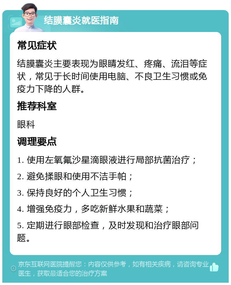 结膜囊炎就医指南 常见症状 结膜囊炎主要表现为眼睛发红、疼痛、流泪等症状，常见于长时间使用电脑、不良卫生习惯或免疫力下降的人群。 推荐科室 眼科 调理要点 1. 使用左氧氟沙星滴眼液进行局部抗菌治疗； 2. 避免揉眼和使用不洁手帕； 3. 保持良好的个人卫生习惯； 4. 增强免疫力，多吃新鲜水果和蔬菜； 5. 定期进行眼部检查，及时发现和治疗眼部问题。