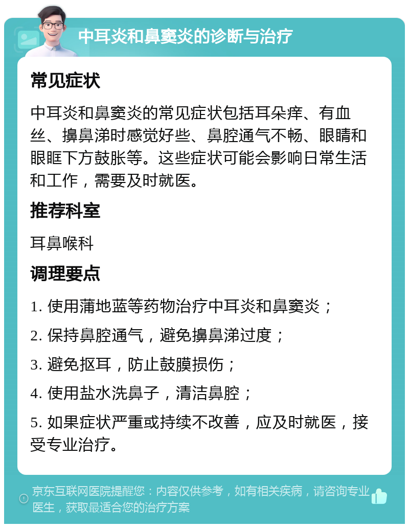 中耳炎和鼻窦炎的诊断与治疗 常见症状 中耳炎和鼻窦炎的常见症状包括耳朵痒、有血丝、擤鼻涕时感觉好些、鼻腔通气不畅、眼睛和眼眶下方鼓胀等。这些症状可能会影响日常生活和工作，需要及时就医。 推荐科室 耳鼻喉科 调理要点 1. 使用蒲地蓝等药物治疗中耳炎和鼻窦炎； 2. 保持鼻腔通气，避免擤鼻涕过度； 3. 避免抠耳，防止鼓膜损伤； 4. 使用盐水洗鼻子，清洁鼻腔； 5. 如果症状严重或持续不改善，应及时就医，接受专业治疗。