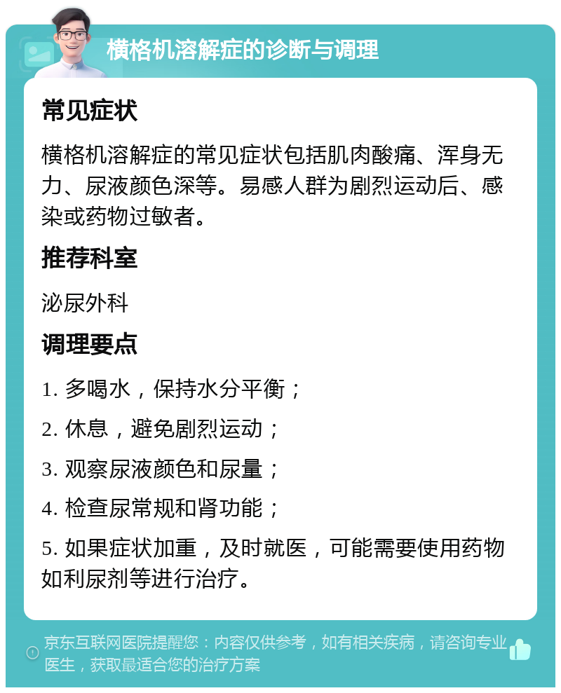 横格机溶解症的诊断与调理 常见症状 横格机溶解症的常见症状包括肌肉酸痛、浑身无力、尿液颜色深等。易感人群为剧烈运动后、感染或药物过敏者。 推荐科室 泌尿外科 调理要点 1. 多喝水，保持水分平衡； 2. 休息，避免剧烈运动； 3. 观察尿液颜色和尿量； 4. 检查尿常规和肾功能； 5. 如果症状加重，及时就医，可能需要使用药物如利尿剂等进行治疗。