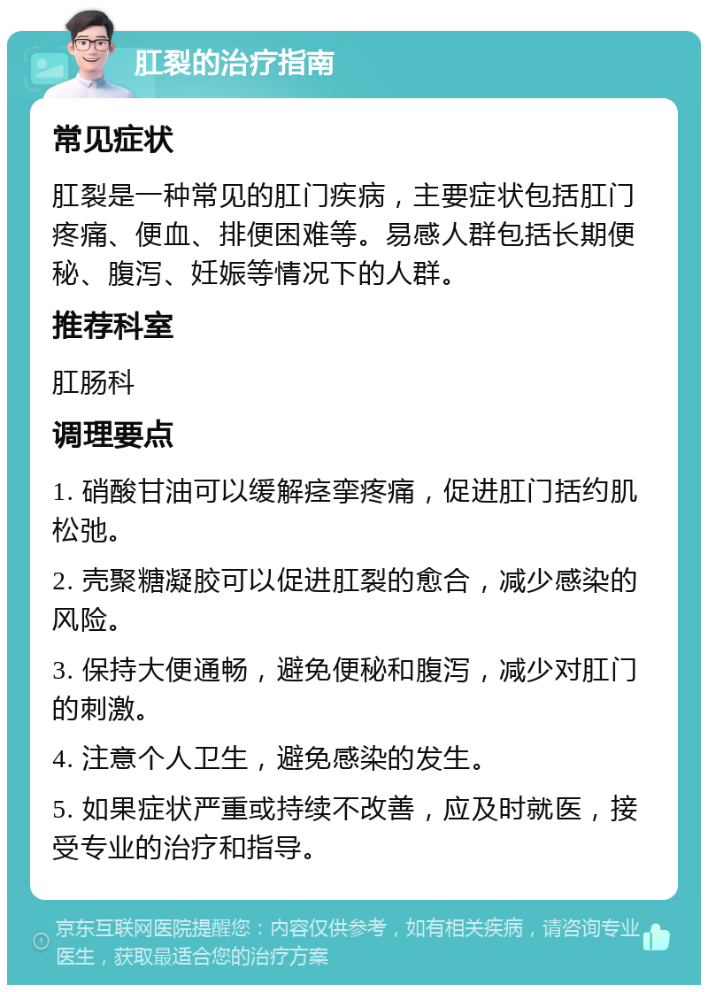 肛裂的治疗指南 常见症状 肛裂是一种常见的肛门疾病，主要症状包括肛门疼痛、便血、排便困难等。易感人群包括长期便秘、腹泻、妊娠等情况下的人群。 推荐科室 肛肠科 调理要点 1. 硝酸甘油可以缓解痉挛疼痛，促进肛门括约肌松弛。 2. 壳聚糖凝胶可以促进肛裂的愈合，减少感染的风险。 3. 保持大便通畅，避免便秘和腹泻，减少对肛门的刺激。 4. 注意个人卫生，避免感染的发生。 5. 如果症状严重或持续不改善，应及时就医，接受专业的治疗和指导。