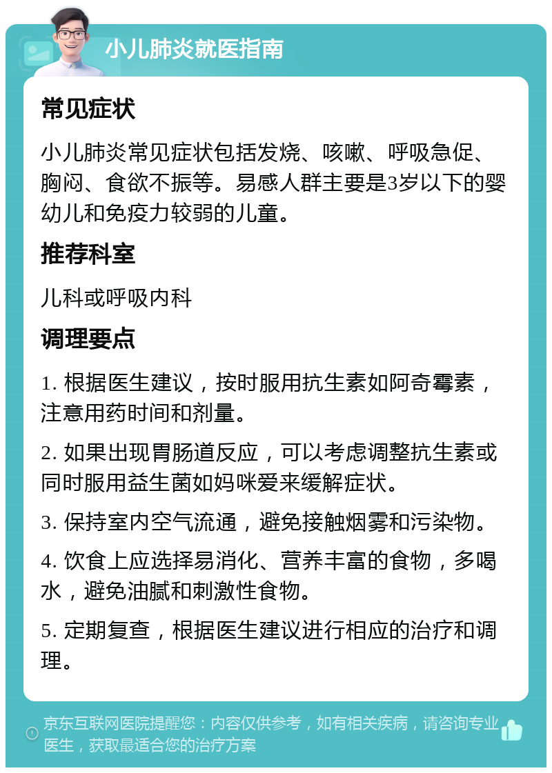 小儿肺炎就医指南 常见症状 小儿肺炎常见症状包括发烧、咳嗽、呼吸急促、胸闷、食欲不振等。易感人群主要是3岁以下的婴幼儿和免疫力较弱的儿童。 推荐科室 儿科或呼吸内科 调理要点 1. 根据医生建议，按时服用抗生素如阿奇霉素，注意用药时间和剂量。 2. 如果出现胃肠道反应，可以考虑调整抗生素或同时服用益生菌如妈咪爱来缓解症状。 3. 保持室内空气流通，避免接触烟雾和污染物。 4. 饮食上应选择易消化、营养丰富的食物，多喝水，避免油腻和刺激性食物。 5. 定期复查，根据医生建议进行相应的治疗和调理。