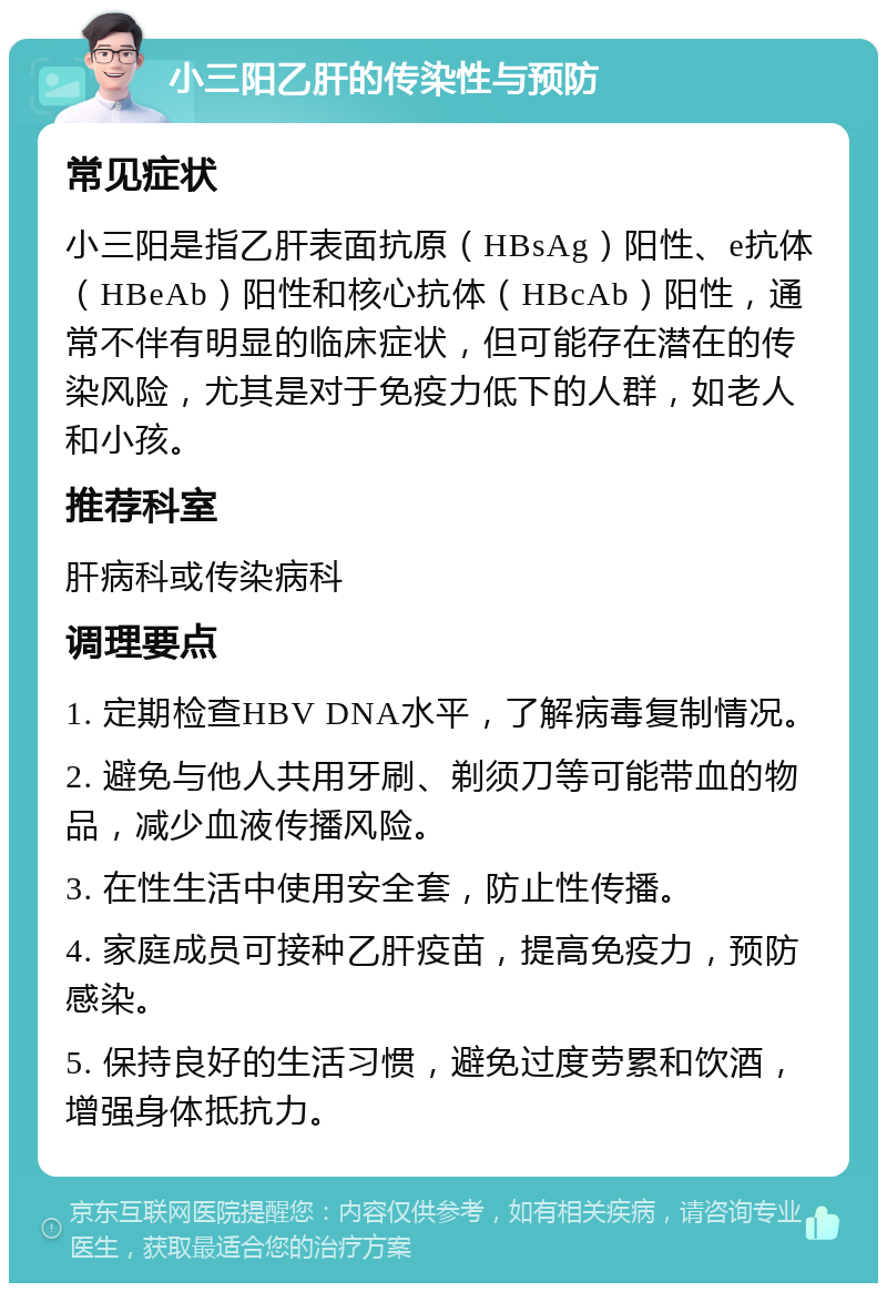 小三阳乙肝的传染性与预防 常见症状 小三阳是指乙肝表面抗原（HBsAg）阳性、e抗体（HBeAb）阳性和核心抗体（HBcAb）阳性，通常不伴有明显的临床症状，但可能存在潜在的传染风险，尤其是对于免疫力低下的人群，如老人和小孩。 推荐科室 肝病科或传染病科 调理要点 1. 定期检查HBV DNA水平，了解病毒复制情况。 2. 避免与他人共用牙刷、剃须刀等可能带血的物品，减少血液传播风险。 3. 在性生活中使用安全套，防止性传播。 4. 家庭成员可接种乙肝疫苗，提高免疫力，预防感染。 5. 保持良好的生活习惯，避免过度劳累和饮酒，增强身体抵抗力。