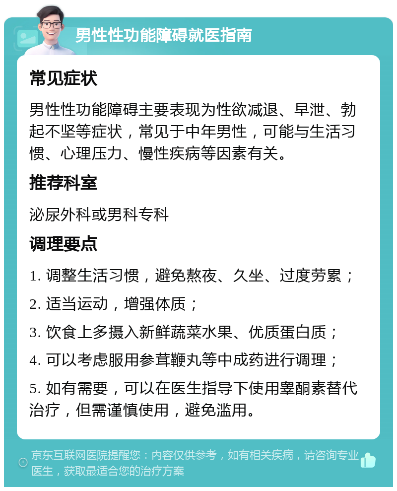 男性性功能障碍就医指南 常见症状 男性性功能障碍主要表现为性欲减退、早泄、勃起不坚等症状，常见于中年男性，可能与生活习惯、心理压力、慢性疾病等因素有关。 推荐科室 泌尿外科或男科专科 调理要点 1. 调整生活习惯，避免熬夜、久坐、过度劳累； 2. 适当运动，增强体质； 3. 饮食上多摄入新鲜蔬菜水果、优质蛋白质； 4. 可以考虑服用参茸鞭丸等中成药进行调理； 5. 如有需要，可以在医生指导下使用睾酮素替代治疗，但需谨慎使用，避免滥用。