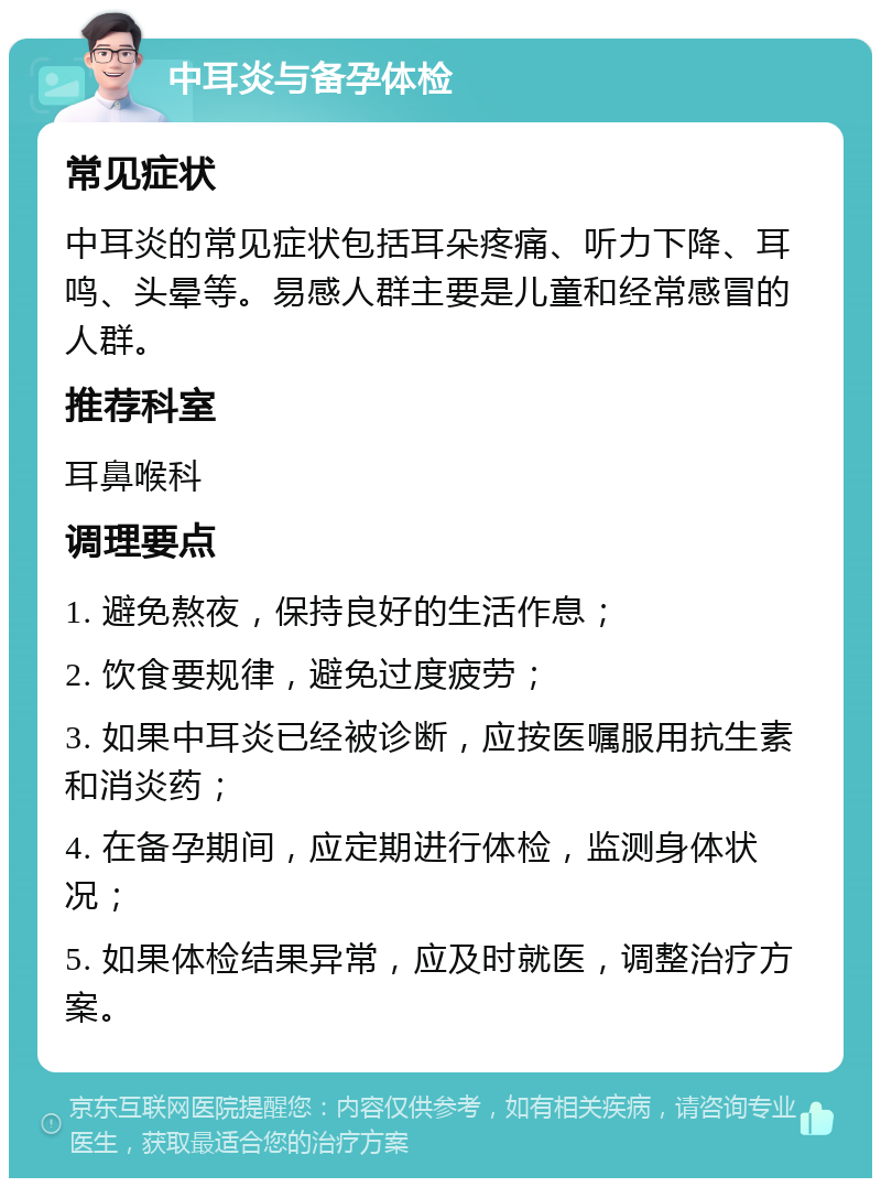 中耳炎与备孕体检 常见症状 中耳炎的常见症状包括耳朵疼痛、听力下降、耳鸣、头晕等。易感人群主要是儿童和经常感冒的人群。 推荐科室 耳鼻喉科 调理要点 1. 避免熬夜，保持良好的生活作息； 2. 饮食要规律，避免过度疲劳； 3. 如果中耳炎已经被诊断，应按医嘱服用抗生素和消炎药； 4. 在备孕期间，应定期进行体检，监测身体状况； 5. 如果体检结果异常，应及时就医，调整治疗方案。