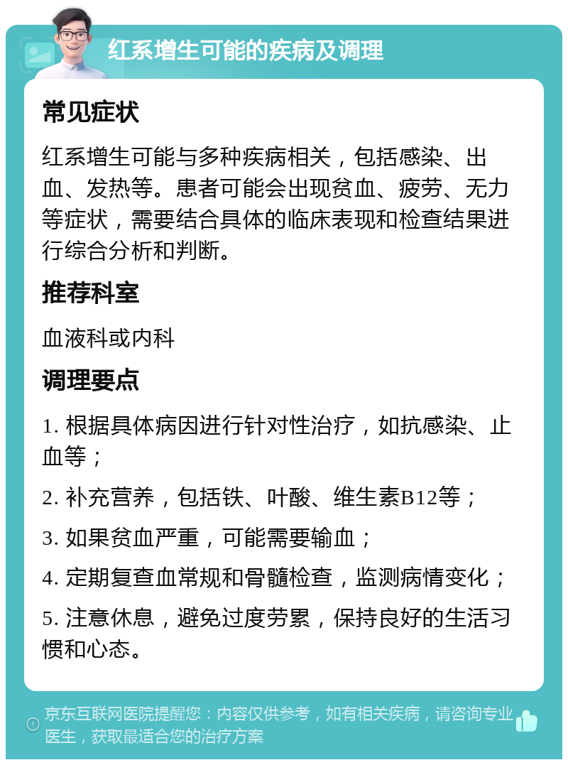 红系增生可能的疾病及调理 常见症状 红系增生可能与多种疾病相关，包括感染、出血、发热等。患者可能会出现贫血、疲劳、无力等症状，需要结合具体的临床表现和检查结果进行综合分析和判断。 推荐科室 血液科或内科 调理要点 1. 根据具体病因进行针对性治疗，如抗感染、止血等； 2. 补充营养，包括铁、叶酸、维生素B12等； 3. 如果贫血严重，可能需要输血； 4. 定期复查血常规和骨髓检查，监测病情变化； 5. 注意休息，避免过度劳累，保持良好的生活习惯和心态。