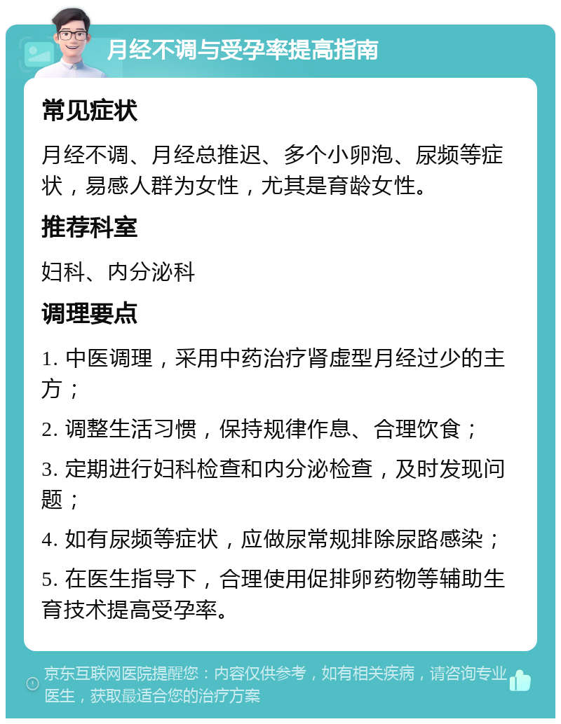 月经不调与受孕率提高指南 常见症状 月经不调、月经总推迟、多个小卵泡、尿频等症状，易感人群为女性，尤其是育龄女性。 推荐科室 妇科、内分泌科 调理要点 1. 中医调理，采用中药治疗肾虚型月经过少的主方； 2. 调整生活习惯，保持规律作息、合理饮食； 3. 定期进行妇科检查和内分泌检查，及时发现问题； 4. 如有尿频等症状，应做尿常规排除尿路感染； 5. 在医生指导下，合理使用促排卵药物等辅助生育技术提高受孕率。