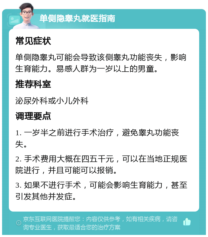 单侧隐睾丸就医指南 常见症状 单侧隐睾丸可能会导致该侧睾丸功能丧失，影响生育能力。易感人群为一岁以上的男童。 推荐科室 泌尿外科或小儿外科 调理要点 1. 一岁半之前进行手术治疗，避免睾丸功能丧失。 2. 手术费用大概在四五千元，可以在当地正规医院进行，并且可能可以报销。 3. 如果不进行手术，可能会影响生育能力，甚至引发其他并发症。