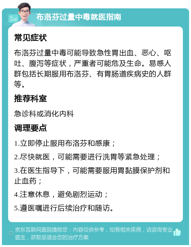 布洛芬过量中毒就医指南 常见症状 布洛芬过量中毒可能导致急性胃出血、恶心、呕吐、腹泻等症状，严重者可能危及生命。易感人群包括长期服用布洛芬、有胃肠道疾病史的人群等。 推荐科室 急诊科或消化内科 调理要点 1.立即停止服用布洛芬和感康； 2.尽快就医，可能需要进行洗胃等紧急处理； 3.在医生指导下，可能需要服用胃黏膜保护剂和止血药； 4.注意休息，避免剧烈运动； 5.遵医嘱进行后续治疗和随访。