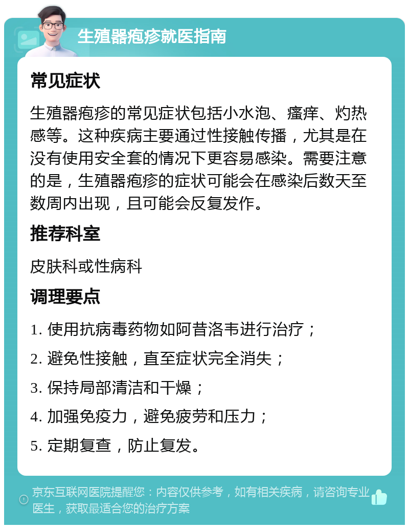 生殖器疱疹就医指南 常见症状 生殖器疱疹的常见症状包括小水泡、瘙痒、灼热感等。这种疾病主要通过性接触传播，尤其是在没有使用安全套的情况下更容易感染。需要注意的是，生殖器疱疹的症状可能会在感染后数天至数周内出现，且可能会反复发作。 推荐科室 皮肤科或性病科 调理要点 1. 使用抗病毒药物如阿昔洛韦进行治疗； 2. 避免性接触，直至症状完全消失； 3. 保持局部清洁和干燥； 4. 加强免疫力，避免疲劳和压力； 5. 定期复查，防止复发。