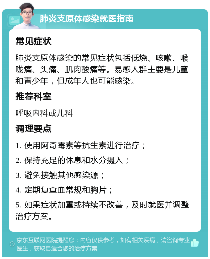 肺炎支原体感染就医指南 常见症状 肺炎支原体感染的常见症状包括低烧、咳嗽、喉咙痛、头痛、肌肉酸痛等。易感人群主要是儿童和青少年，但成年人也可能感染。 推荐科室 呼吸内科或儿科 调理要点 1. 使用阿奇霉素等抗生素进行治疗； 2. 保持充足的休息和水分摄入； 3. 避免接触其他感染源； 4. 定期复查血常规和胸片； 5. 如果症状加重或持续不改善，及时就医并调整治疗方案。