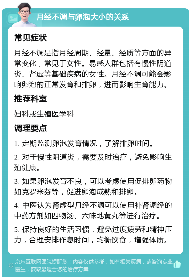 月经不调与卵泡大小的关系 常见症状 月经不调是指月经周期、经量、经质等方面的异常变化，常见于女性。易感人群包括有慢性阴道炎、肾虚等基础疾病的女性。月经不调可能会影响卵泡的正常发育和排卵，进而影响生育能力。 推荐科室 妇科或生殖医学科 调理要点 1. 定期监测卵泡发育情况，了解排卵时间。 2. 对于慢性阴道炎，需要及时治疗，避免影响生殖健康。 3. 如果卵泡发育不良，可以考虑使用促排卵药物如克罗米芬等，促进卵泡成熟和排卵。 4. 中医认为肾虚型月经不调可以使用补肾调经的中药方剂如四物汤、六味地黄丸等进行治疗。 5. 保持良好的生活习惯，避免过度疲劳和精神压力，合理安排作息时间，均衡饮食，增强体质。