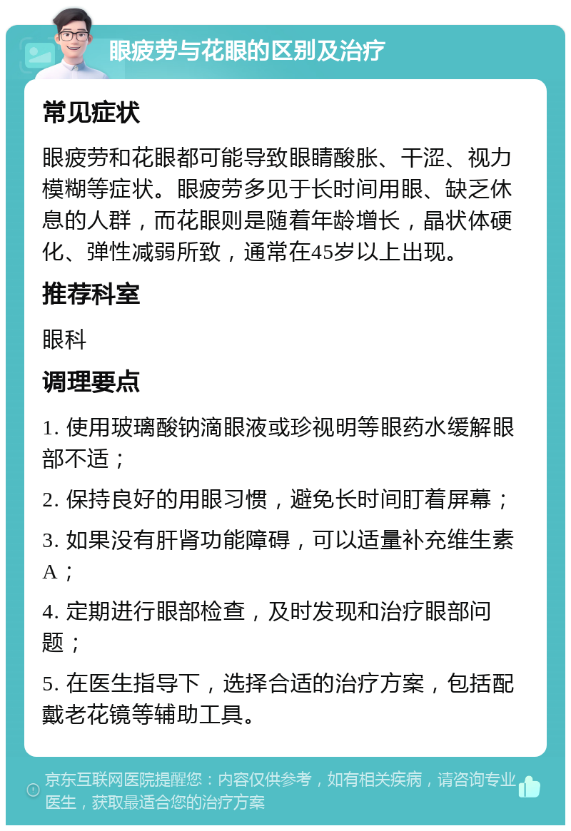 眼疲劳与花眼的区别及治疗 常见症状 眼疲劳和花眼都可能导致眼睛酸胀、干涩、视力模糊等症状。眼疲劳多见于长时间用眼、缺乏休息的人群，而花眼则是随着年龄增长，晶状体硬化、弹性减弱所致，通常在45岁以上出现。 推荐科室 眼科 调理要点 1. 使用玻璃酸钠滴眼液或珍视明等眼药水缓解眼部不适； 2. 保持良好的用眼习惯，避免长时间盯着屏幕； 3. 如果没有肝肾功能障碍，可以适量补充维生素A； 4. 定期进行眼部检查，及时发现和治疗眼部问题； 5. 在医生指导下，选择合适的治疗方案，包括配戴老花镜等辅助工具。