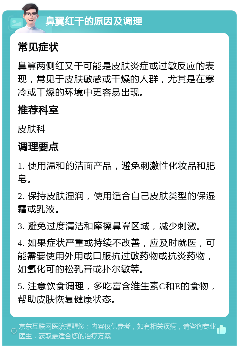 鼻翼红干的原因及调理 常见症状 鼻翼两侧红又干可能是皮肤炎症或过敏反应的表现，常见于皮肤敏感或干燥的人群，尤其是在寒冷或干燥的环境中更容易出现。 推荐科室 皮肤科 调理要点 1. 使用温和的洁面产品，避免刺激性化妆品和肥皂。 2. 保持皮肤湿润，使用适合自己皮肤类型的保湿霜或乳液。 3. 避免过度清洁和摩擦鼻翼区域，减少刺激。 4. 如果症状严重或持续不改善，应及时就医，可能需要使用外用或口服抗过敏药物或抗炎药物，如氢化可的松乳膏或扑尔敏等。 5. 注意饮食调理，多吃富含维生素C和E的食物，帮助皮肤恢复健康状态。