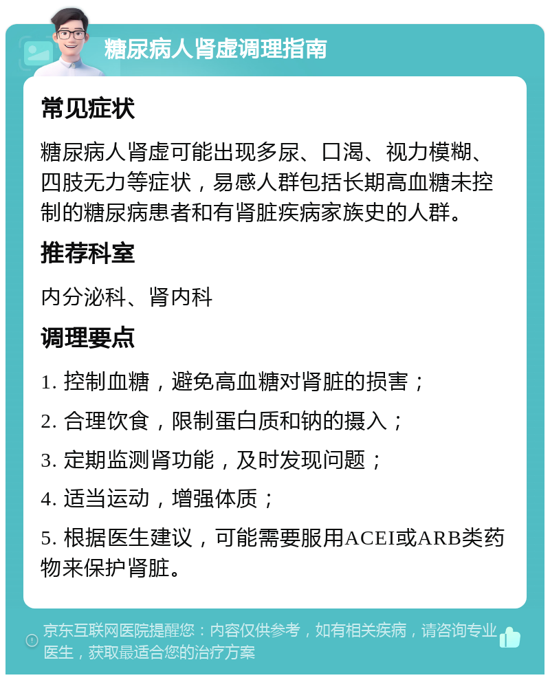 糖尿病人肾虚调理指南 常见症状 糖尿病人肾虚可能出现多尿、口渴、视力模糊、四肢无力等症状，易感人群包括长期高血糖未控制的糖尿病患者和有肾脏疾病家族史的人群。 推荐科室 内分泌科、肾内科 调理要点 1. 控制血糖，避免高血糖对肾脏的损害； 2. 合理饮食，限制蛋白质和钠的摄入； 3. 定期监测肾功能，及时发现问题； 4. 适当运动，增强体质； 5. 根据医生建议，可能需要服用ACEI或ARB类药物来保护肾脏。