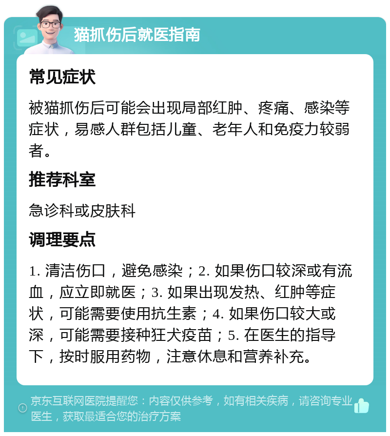 猫抓伤后就医指南 常见症状 被猫抓伤后可能会出现局部红肿、疼痛、感染等症状，易感人群包括儿童、老年人和免疫力较弱者。 推荐科室 急诊科或皮肤科 调理要点 1. 清洁伤口，避免感染；2. 如果伤口较深或有流血，应立即就医；3. 如果出现发热、红肿等症状，可能需要使用抗生素；4. 如果伤口较大或深，可能需要接种狂犬疫苗；5. 在医生的指导下，按时服用药物，注意休息和营养补充。