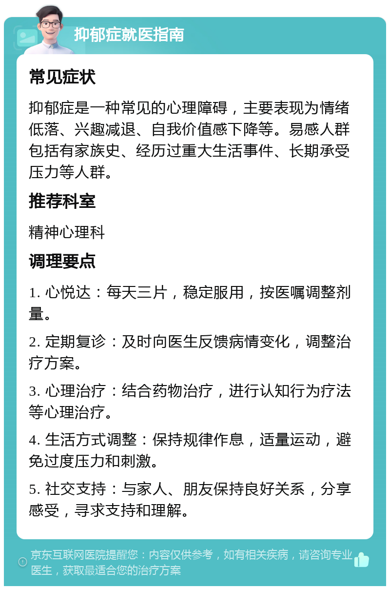 抑郁症就医指南 常见症状 抑郁症是一种常见的心理障碍，主要表现为情绪低落、兴趣减退、自我价值感下降等。易感人群包括有家族史、经历过重大生活事件、长期承受压力等人群。 推荐科室 精神心理科 调理要点 1. 心悦达：每天三片，稳定服用，按医嘱调整剂量。 2. 定期复诊：及时向医生反馈病情变化，调整治疗方案。 3. 心理治疗：结合药物治疗，进行认知行为疗法等心理治疗。 4. 生活方式调整：保持规律作息，适量运动，避免过度压力和刺激。 5. 社交支持：与家人、朋友保持良好关系，分享感受，寻求支持和理解。