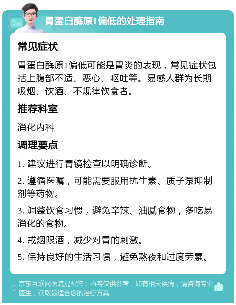 胃蛋白酶原1偏低的处理指南 常见症状 胃蛋白酶原1偏低可能是胃炎的表现，常见症状包括上腹部不适、恶心、呕吐等。易感人群为长期吸烟、饮酒、不规律饮食者。 推荐科室 消化内科 调理要点 1. 建议进行胃镜检查以明确诊断。 2. 遵循医嘱，可能需要服用抗生素、质子泵抑制剂等药物。 3. 调整饮食习惯，避免辛辣、油腻食物，多吃易消化的食物。 4. 戒烟限酒，减少对胃的刺激。 5. 保持良好的生活习惯，避免熬夜和过度劳累。