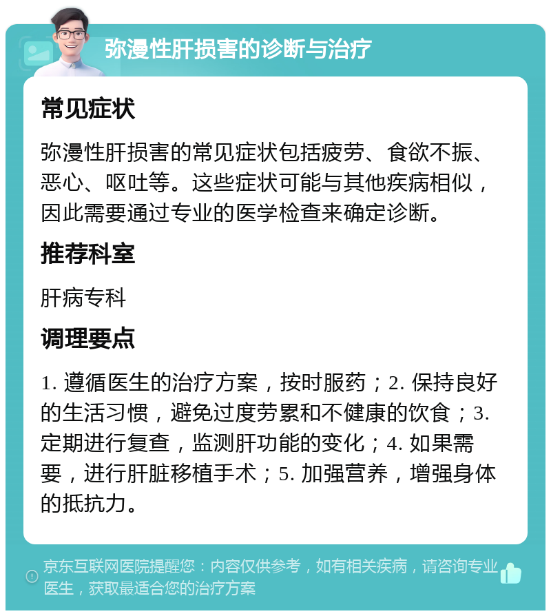 弥漫性肝损害的诊断与治疗 常见症状 弥漫性肝损害的常见症状包括疲劳、食欲不振、恶心、呕吐等。这些症状可能与其他疾病相似，因此需要通过专业的医学检查来确定诊断。 推荐科室 肝病专科 调理要点 1. 遵循医生的治疗方案，按时服药；2. 保持良好的生活习惯，避免过度劳累和不健康的饮食；3. 定期进行复查，监测肝功能的变化；4. 如果需要，进行肝脏移植手术；5. 加强营养，增强身体的抵抗力。