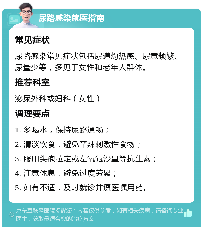 尿路感染就医指南 常见症状 尿路感染常见症状包括尿道灼热感、尿意频繁、尿量少等，多见于女性和老年人群体。 推荐科室 泌尿外科或妇科（女性） 调理要点 1. 多喝水，保持尿路通畅； 2. 清淡饮食，避免辛辣刺激性食物； 3. 服用头孢拉定或左氧氟沙星等抗生素； 4. 注意休息，避免过度劳累； 5. 如有不适，及时就诊并遵医嘱用药。