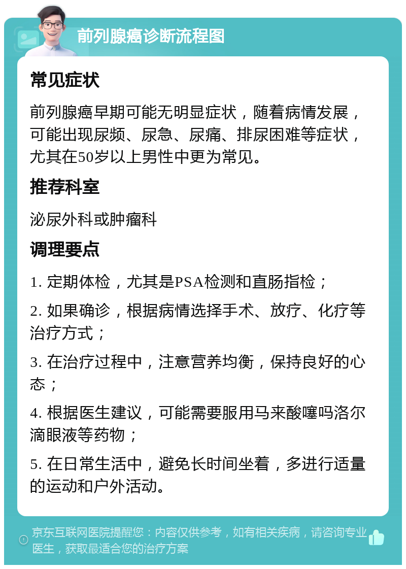 前列腺癌诊断流程图 常见症状 前列腺癌早期可能无明显症状，随着病情发展，可能出现尿频、尿急、尿痛、排尿困难等症状，尤其在50岁以上男性中更为常见。 推荐科室 泌尿外科或肿瘤科 调理要点 1. 定期体检，尤其是PSA检测和直肠指检； 2. 如果确诊，根据病情选择手术、放疗、化疗等治疗方式； 3. 在治疗过程中，注意营养均衡，保持良好的心态； 4. 根据医生建议，可能需要服用马来酸噻吗洛尔滴眼液等药物； 5. 在日常生活中，避免长时间坐着，多进行适量的运动和户外活动。