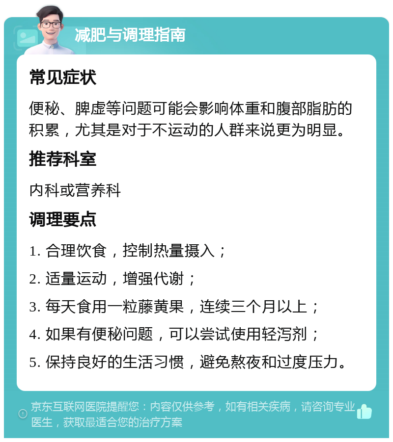 减肥与调理指南 常见症状 便秘、脾虚等问题可能会影响体重和腹部脂肪的积累，尤其是对于不运动的人群来说更为明显。 推荐科室 内科或营养科 调理要点 1. 合理饮食，控制热量摄入； 2. 适量运动，增强代谢； 3. 每天食用一粒藤黄果，连续三个月以上； 4. 如果有便秘问题，可以尝试使用轻泻剂； 5. 保持良好的生活习惯，避免熬夜和过度压力。