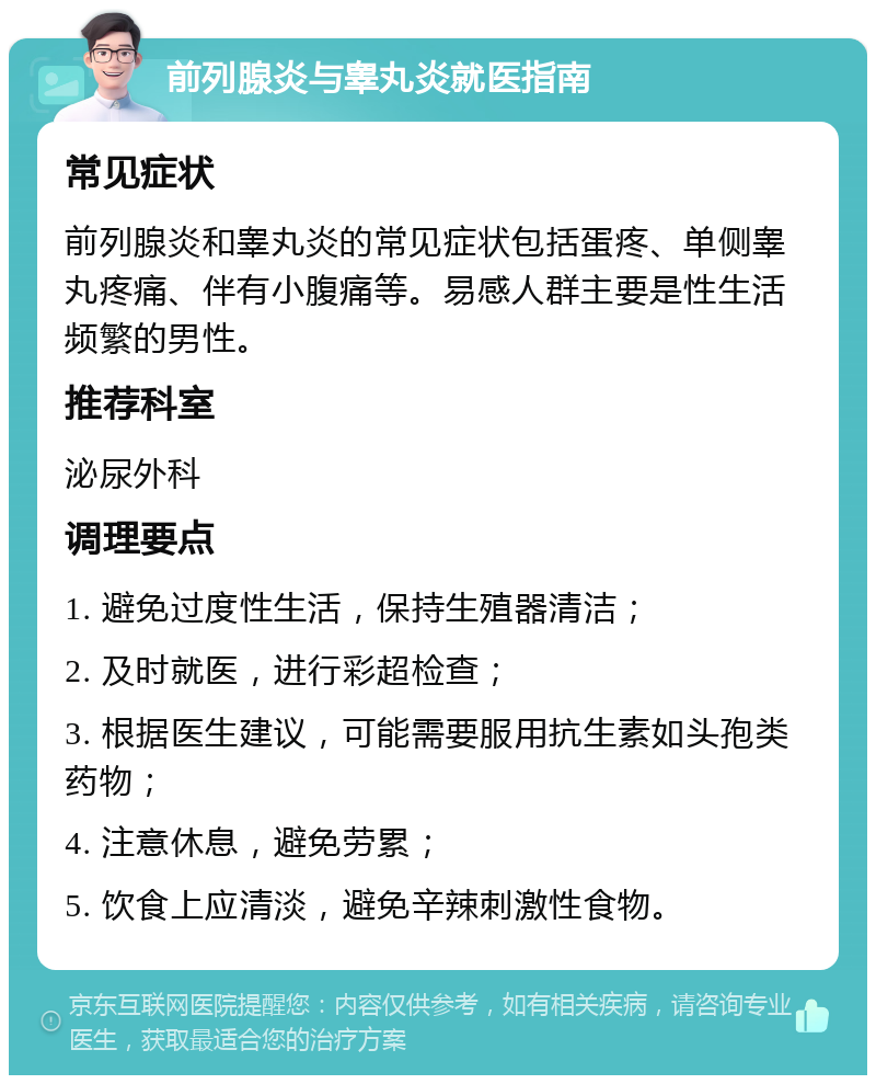 前列腺炎与睾丸炎就医指南 常见症状 前列腺炎和睾丸炎的常见症状包括蛋疼、单侧睾丸疼痛、伴有小腹痛等。易感人群主要是性生活频繁的男性。 推荐科室 泌尿外科 调理要点 1. 避免过度性生活，保持生殖器清洁； 2. 及时就医，进行彩超检查； 3. 根据医生建议，可能需要服用抗生素如头孢类药物； 4. 注意休息，避免劳累； 5. 饮食上应清淡，避免辛辣刺激性食物。