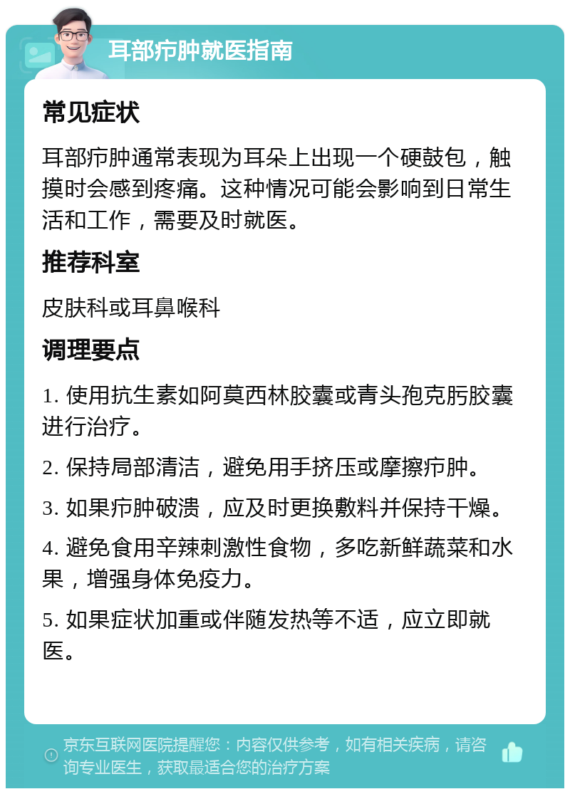 耳部疖肿就医指南 常见症状 耳部疖肿通常表现为耳朵上出现一个硬鼓包，触摸时会感到疼痛。这种情况可能会影响到日常生活和工作，需要及时就医。 推荐科室 皮肤科或耳鼻喉科 调理要点 1. 使用抗生素如阿莫西林胶囊或青头孢克肟胶囊进行治疗。 2. 保持局部清洁，避免用手挤压或摩擦疖肿。 3. 如果疖肿破溃，应及时更换敷料并保持干燥。 4. 避免食用辛辣刺激性食物，多吃新鲜蔬菜和水果，增强身体免疫力。 5. 如果症状加重或伴随发热等不适，应立即就医。