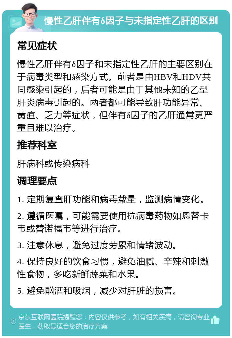 慢性乙肝伴有δ因子与未指定性乙肝的区别 常见症状 慢性乙肝伴有δ因子和未指定性乙肝的主要区别在于病毒类型和感染方式。前者是由HBV和HDV共同感染引起的，后者可能是由于其他未知的乙型肝炎病毒引起的。两者都可能导致肝功能异常、黄疸、乏力等症状，但伴有δ因子的乙肝通常更严重且难以治疗。 推荐科室 肝病科或传染病科 调理要点 1. 定期复查肝功能和病毒载量，监测病情变化。 2. 遵循医嘱，可能需要使用抗病毒药物如恩替卡韦或替诺福韦等进行治疗。 3. 注意休息，避免过度劳累和情绪波动。 4. 保持良好的饮食习惯，避免油腻、辛辣和刺激性食物，多吃新鲜蔬菜和水果。 5. 避免酗酒和吸烟，减少对肝脏的损害。