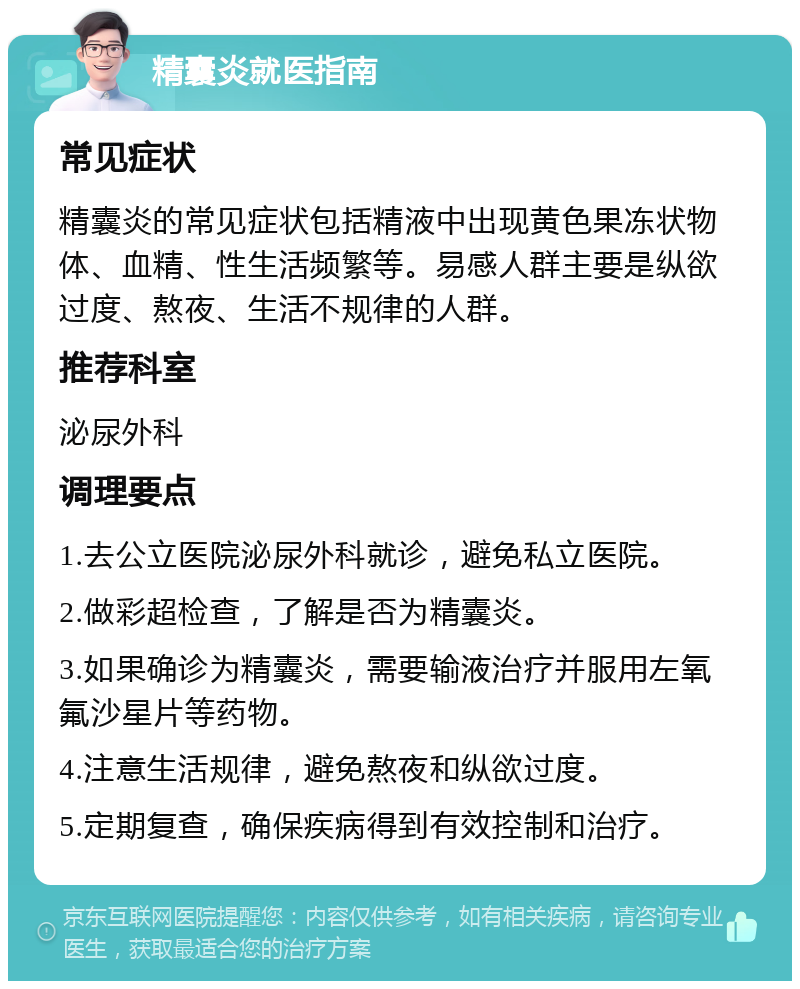 精囊炎就医指南 常见症状 精囊炎的常见症状包括精液中出现黄色果冻状物体、血精、性生活频繁等。易感人群主要是纵欲过度、熬夜、生活不规律的人群。 推荐科室 泌尿外科 调理要点 1.去公立医院泌尿外科就诊，避免私立医院。 2.做彩超检查，了解是否为精囊炎。 3.如果确诊为精囊炎，需要输液治疗并服用左氧氟沙星片等药物。 4.注意生活规律，避免熬夜和纵欲过度。 5.定期复查，确保疾病得到有效控制和治疗。