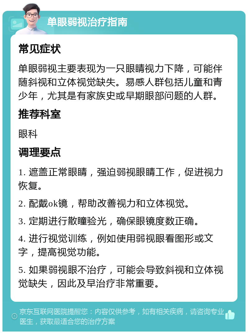 单眼弱视治疗指南 常见症状 单眼弱视主要表现为一只眼睛视力下降，可能伴随斜视和立体视觉缺失。易感人群包括儿童和青少年，尤其是有家族史或早期眼部问题的人群。 推荐科室 眼科 调理要点 1. 遮盖正常眼睛，强迫弱视眼睛工作，促进视力恢复。 2. 配戴ok镜，帮助改善视力和立体视觉。 3. 定期进行散瞳验光，确保眼镜度数正确。 4. 进行视觉训练，例如使用弱视眼看图形或文字，提高视觉功能。 5. 如果弱视眼不治疗，可能会导致斜视和立体视觉缺失，因此及早治疗非常重要。