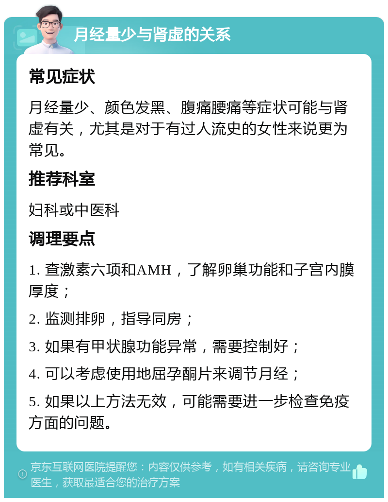 月经量少与肾虚的关系 常见症状 月经量少、颜色发黑、腹痛腰痛等症状可能与肾虚有关，尤其是对于有过人流史的女性来说更为常见。 推荐科室 妇科或中医科 调理要点 1. 查激素六项和AMH，了解卵巢功能和子宫内膜厚度； 2. 监测排卵，指导同房； 3. 如果有甲状腺功能异常，需要控制好； 4. 可以考虑使用地屈孕酮片来调节月经； 5. 如果以上方法无效，可能需要进一步检查免疫方面的问题。