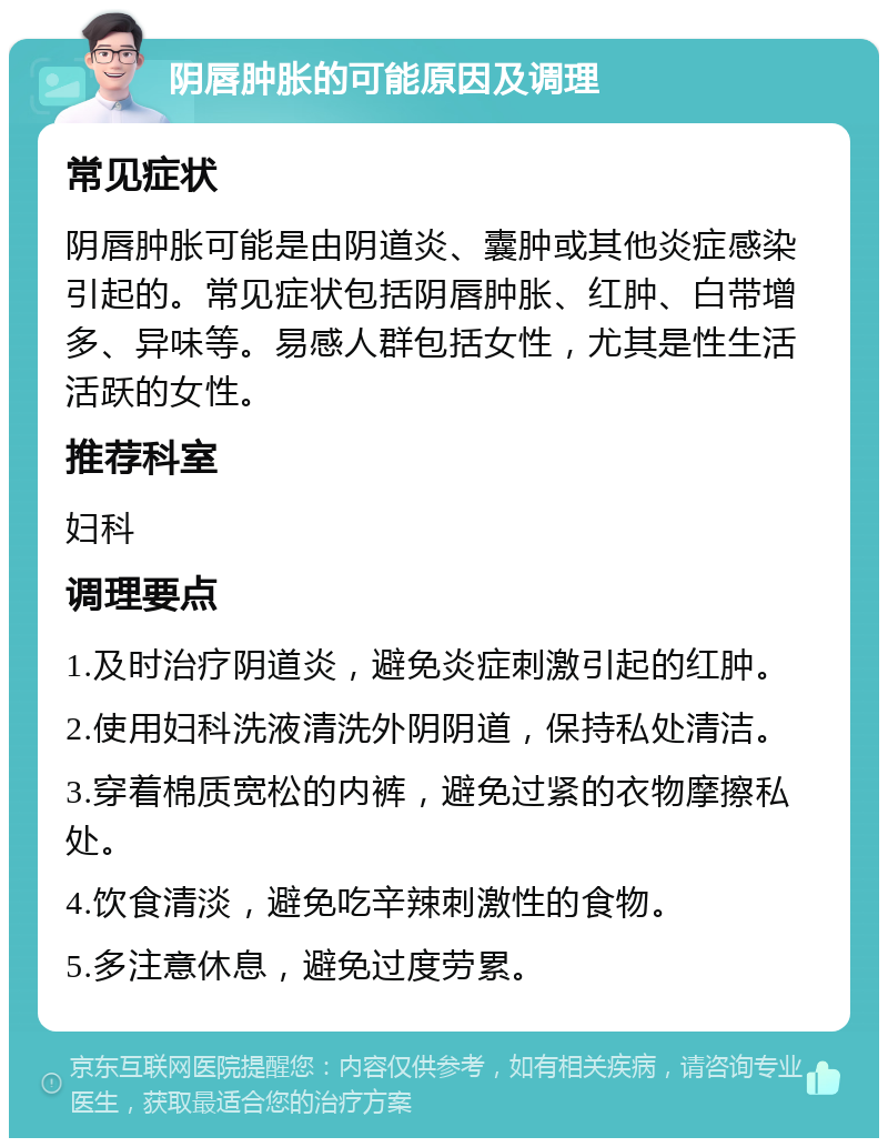 阴唇肿胀的可能原因及调理 常见症状 阴唇肿胀可能是由阴道炎、囊肿或其他炎症感染引起的。常见症状包括阴唇肿胀、红肿、白带增多、异味等。易感人群包括女性，尤其是性生活活跃的女性。 推荐科室 妇科 调理要点 1.及时治疗阴道炎，避免炎症刺激引起的红肿。 2.使用妇科洗液清洗外阴阴道，保持私处清洁。 3.穿着棉质宽松的内裤，避免过紧的衣物摩擦私处。 4.饮食清淡，避免吃辛辣刺激性的食物。 5.多注意休息，避免过度劳累。