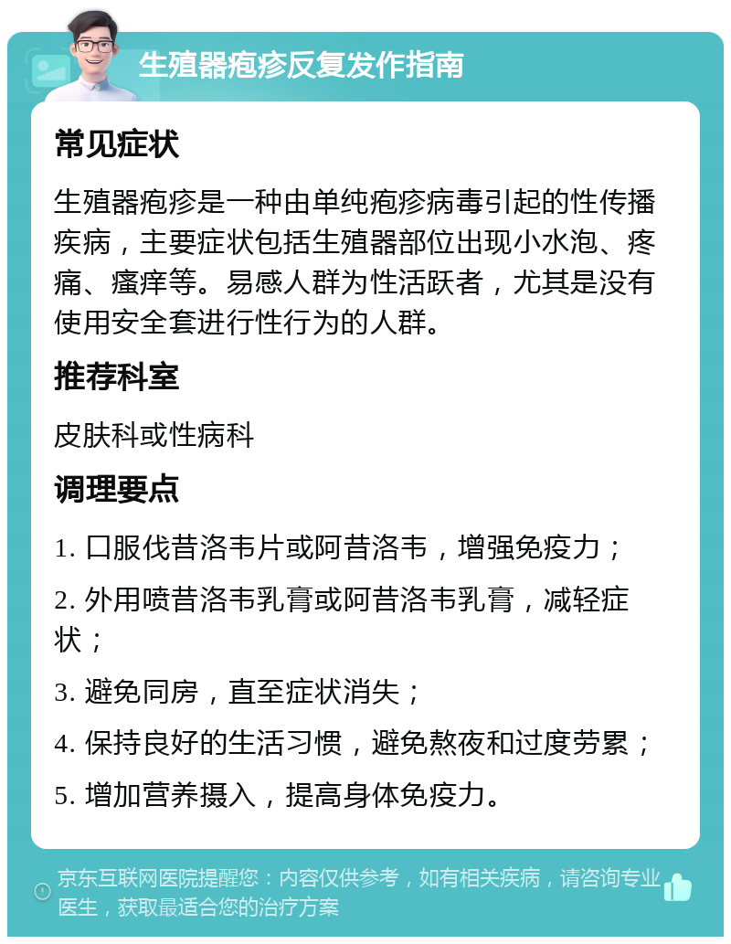 生殖器疱疹反复发作指南 常见症状 生殖器疱疹是一种由单纯疱疹病毒引起的性传播疾病，主要症状包括生殖器部位出现小水泡、疼痛、瘙痒等。易感人群为性活跃者，尤其是没有使用安全套进行性行为的人群。 推荐科室 皮肤科或性病科 调理要点 1. 口服伐昔洛韦片或阿昔洛韦，增强免疫力； 2. 外用喷昔洛韦乳膏或阿昔洛韦乳膏，减轻症状； 3. 避免同房，直至症状消失； 4. 保持良好的生活习惯，避免熬夜和过度劳累； 5. 增加营养摄入，提高身体免疫力。