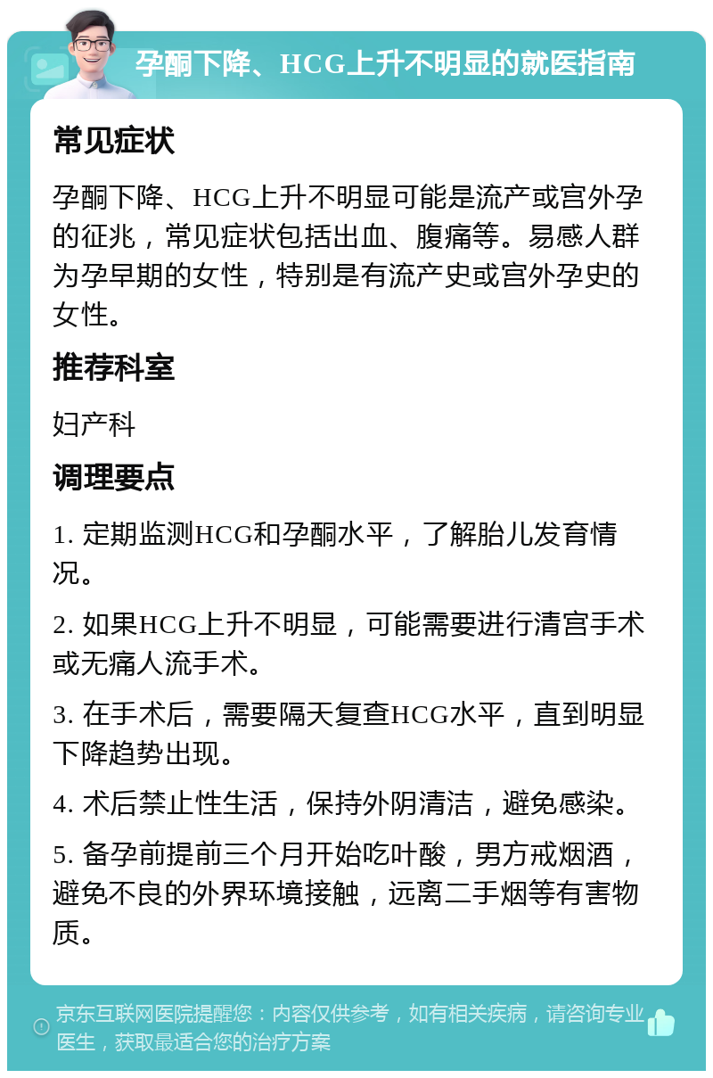 孕酮下降、HCG上升不明显的就医指南 常见症状 孕酮下降、HCG上升不明显可能是流产或宫外孕的征兆，常见症状包括出血、腹痛等。易感人群为孕早期的女性，特别是有流产史或宫外孕史的女性。 推荐科室 妇产科 调理要点 1. 定期监测HCG和孕酮水平，了解胎儿发育情况。 2. 如果HCG上升不明显，可能需要进行清宫手术或无痛人流手术。 3. 在手术后，需要隔天复查HCG水平，直到明显下降趋势出现。 4. 术后禁止性生活，保持外阴清洁，避免感染。 5. 备孕前提前三个月开始吃叶酸，男方戒烟酒，避免不良的外界环境接触，远离二手烟等有害物质。