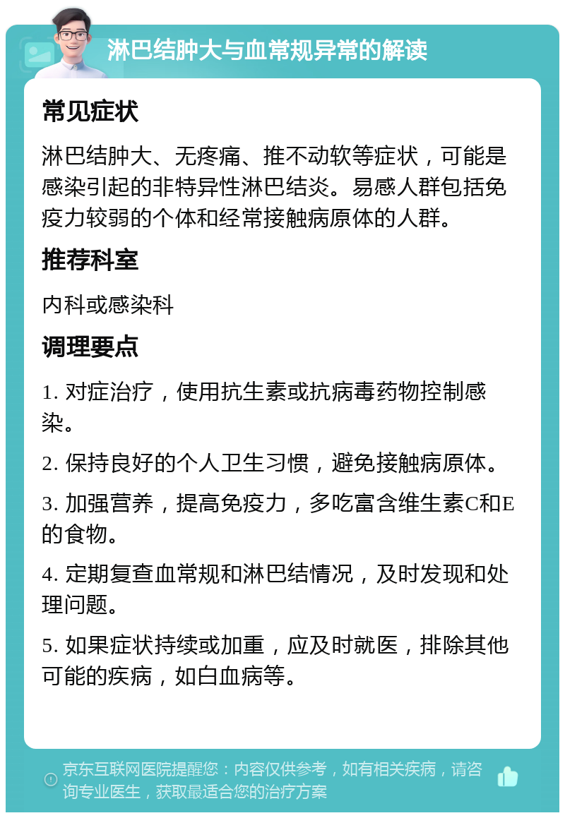 淋巴结肿大与血常规异常的解读 常见症状 淋巴结肿大、无疼痛、推不动软等症状，可能是感染引起的非特异性淋巴结炎。易感人群包括免疫力较弱的个体和经常接触病原体的人群。 推荐科室 内科或感染科 调理要点 1. 对症治疗，使用抗生素或抗病毒药物控制感染。 2. 保持良好的个人卫生习惯，避免接触病原体。 3. 加强营养，提高免疫力，多吃富含维生素C和E的食物。 4. 定期复查血常规和淋巴结情况，及时发现和处理问题。 5. 如果症状持续或加重，应及时就医，排除其他可能的疾病，如白血病等。