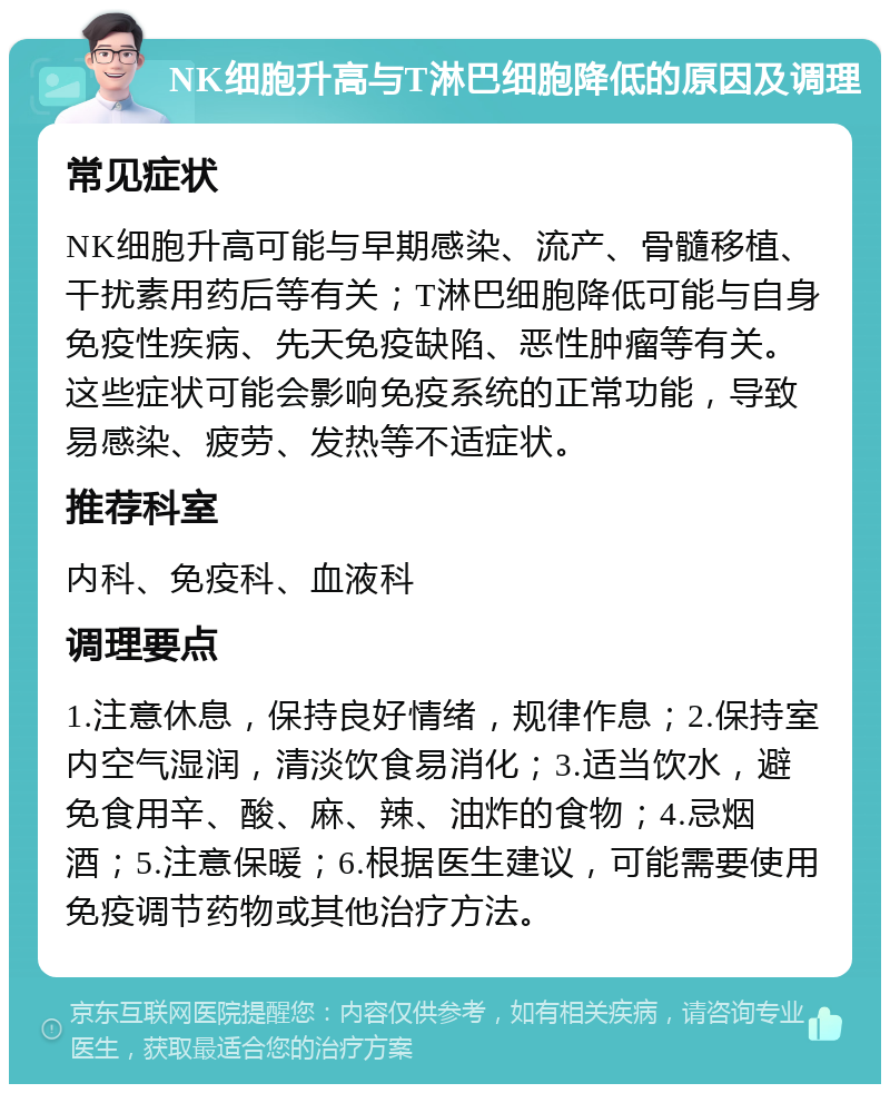 NK细胞升高与T淋巴细胞降低的原因及调理 常见症状 NK细胞升高可能与早期感染、流产、骨髓移植、干扰素用药后等有关；T淋巴细胞降低可能与自身免疫性疾病、先天免疫缺陷、恶性肿瘤等有关。这些症状可能会影响免疫系统的正常功能，导致易感染、疲劳、发热等不适症状。 推荐科室 内科、免疫科、血液科 调理要点 1.注意休息，保持良好情绪，规律作息；2.保持室内空气湿润，清淡饮食易消化；3.适当饮水，避免食用辛、酸、麻、辣、油炸的食物；4.忌烟酒；5.注意保暖；6.根据医生建议，可能需要使用免疫调节药物或其他治疗方法。