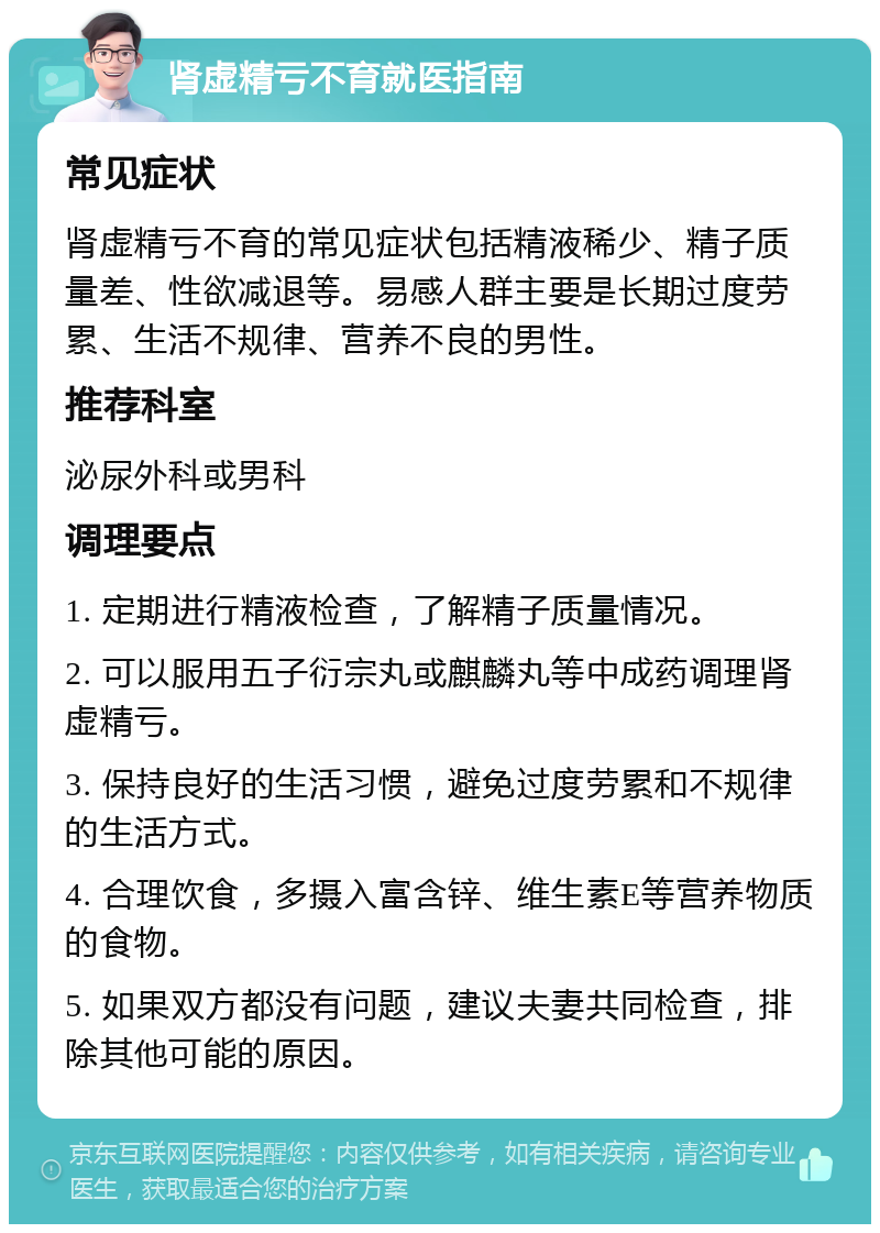 肾虚精亏不育就医指南 常见症状 肾虚精亏不育的常见症状包括精液稀少、精子质量差、性欲减退等。易感人群主要是长期过度劳累、生活不规律、营养不良的男性。 推荐科室 泌尿外科或男科 调理要点 1. 定期进行精液检查，了解精子质量情况。 2. 可以服用五子衍宗丸或麒麟丸等中成药调理肾虚精亏。 3. 保持良好的生活习惯，避免过度劳累和不规律的生活方式。 4. 合理饮食，多摄入富含锌、维生素E等营养物质的食物。 5. 如果双方都没有问题，建议夫妻共同检查，排除其他可能的原因。