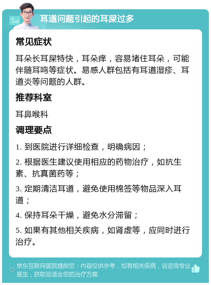 耳道问题引起的耳屎过多 常见症状 耳朵长耳屎特快，耳朵痒，容易堵住耳朵，可能伴随耳鸣等症状。易感人群包括有耳道湿疹、耳道炎等问题的人群。 推荐科室 耳鼻喉科 调理要点 1. 到医院进行详细检查，明确病因； 2. 根据医生建议使用相应的药物治疗，如抗生素、抗真菌药等； 3. 定期清洁耳道，避免使用棉签等物品深入耳道； 4. 保持耳朵干燥，避免水分滞留； 5. 如果有其他相关疾病，如肾虚等，应同时进行治疗。