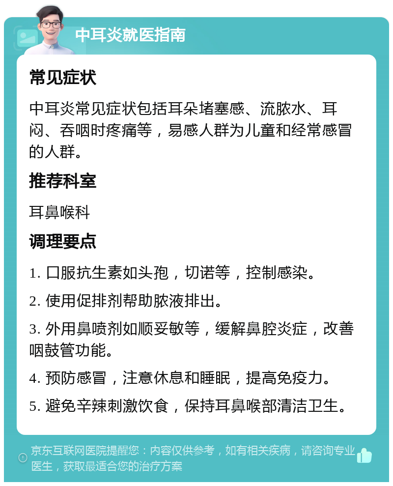 中耳炎就医指南 常见症状 中耳炎常见症状包括耳朵堵塞感、流脓水、耳闷、吞咽时疼痛等，易感人群为儿童和经常感冒的人群。 推荐科室 耳鼻喉科 调理要点 1. 口服抗生素如头孢，切诺等，控制感染。 2. 使用促排剂帮助脓液排出。 3. 外用鼻喷剂如顺妥敏等，缓解鼻腔炎症，改善咽鼓管功能。 4. 预防感冒，注意休息和睡眠，提高免疫力。 5. 避免辛辣刺激饮食，保持耳鼻喉部清洁卫生。