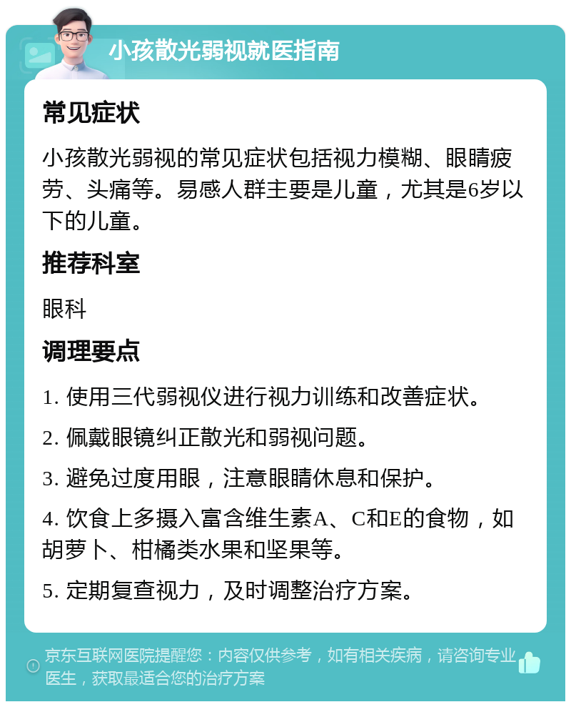 小孩散光弱视就医指南 常见症状 小孩散光弱视的常见症状包括视力模糊、眼睛疲劳、头痛等。易感人群主要是儿童，尤其是6岁以下的儿童。 推荐科室 眼科 调理要点 1. 使用三代弱视仪进行视力训练和改善症状。 2. 佩戴眼镜纠正散光和弱视问题。 3. 避免过度用眼，注意眼睛休息和保护。 4. 饮食上多摄入富含维生素A、C和E的食物，如胡萝卜、柑橘类水果和坚果等。 5. 定期复查视力，及时调整治疗方案。