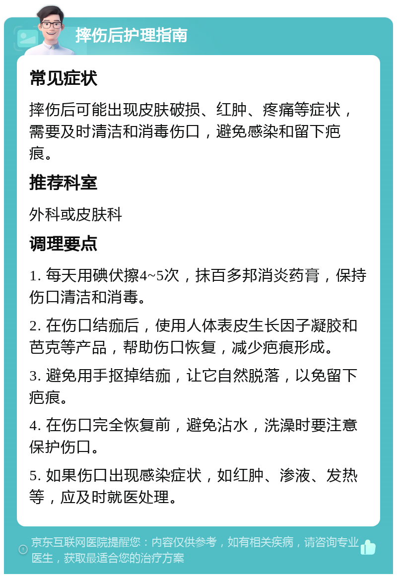 摔伤后护理指南 常见症状 摔伤后可能出现皮肤破损、红肿、疼痛等症状，需要及时清洁和消毒伤口，避免感染和留下疤痕。 推荐科室 外科或皮肤科 调理要点 1. 每天用碘伏擦4~5次，抹百多邦消炎药膏，保持伤口清洁和消毒。 2. 在伤口结痂后，使用人体表皮生长因子凝胶和芭克等产品，帮助伤口恢复，减少疤痕形成。 3. 避免用手抠掉结痂，让它自然脱落，以免留下疤痕。 4. 在伤口完全恢复前，避免沾水，洗澡时要注意保护伤口。 5. 如果伤口出现感染症状，如红肿、渗液、发热等，应及时就医处理。