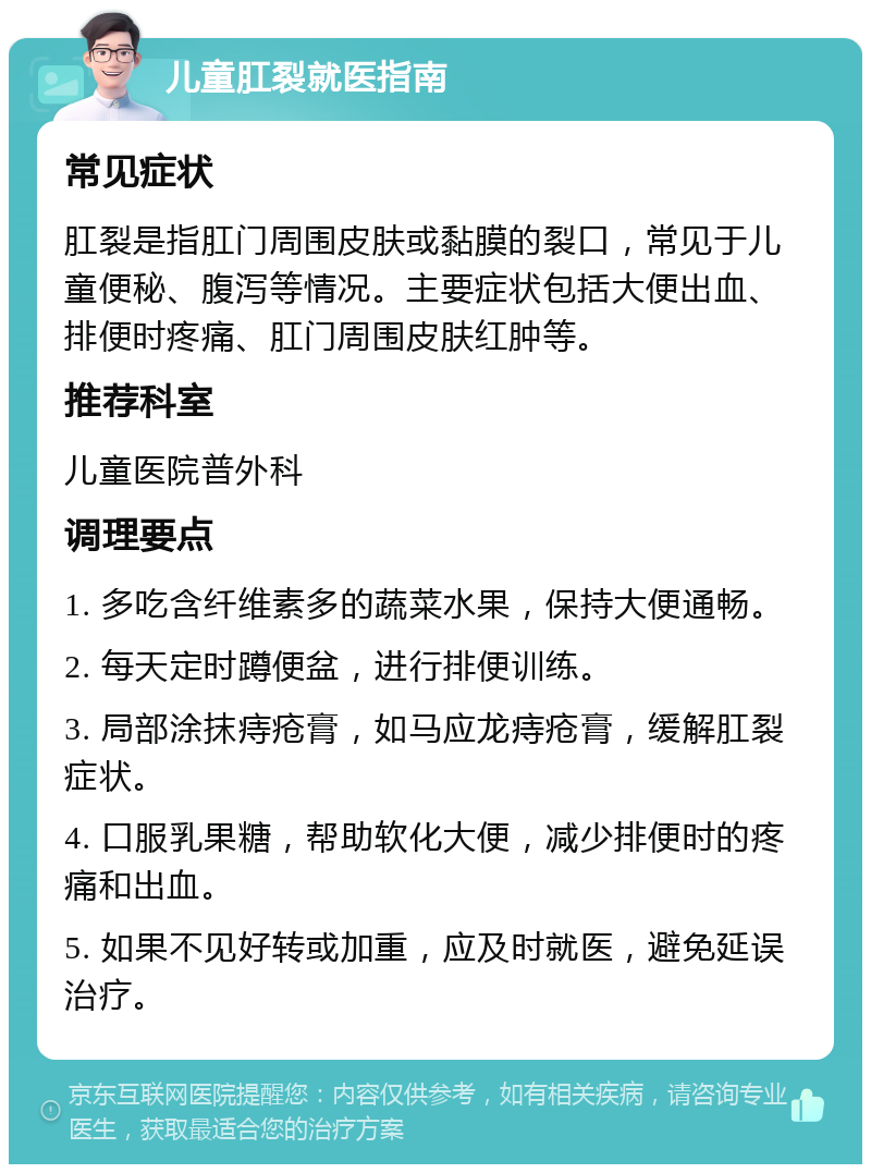 儿童肛裂就医指南 常见症状 肛裂是指肛门周围皮肤或黏膜的裂口，常见于儿童便秘、腹泻等情况。主要症状包括大便出血、排便时疼痛、肛门周围皮肤红肿等。 推荐科室 儿童医院普外科 调理要点 1. 多吃含纤维素多的蔬菜水果，保持大便通畅。 2. 每天定时蹲便盆，进行排便训练。 3. 局部涂抹痔疮膏，如马应龙痔疮膏，缓解肛裂症状。 4. 口服乳果糖，帮助软化大便，减少排便时的疼痛和出血。 5. 如果不见好转或加重，应及时就医，避免延误治疗。