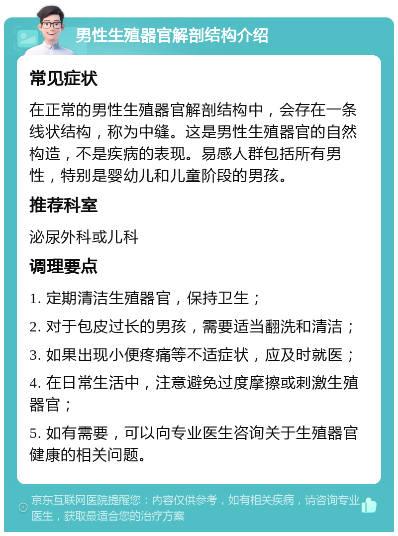 男性生殖器官解剖结构介绍 常见症状 在正常的男性生殖器官解剖结构中，会存在一条线状结构，称为中缝。这是男性生殖器官的自然构造，不是疾病的表现。易感人群包括所有男性，特别是婴幼儿和儿童阶段的男孩。 推荐科室 泌尿外科或儿科 调理要点 1. 定期清洁生殖器官，保持卫生； 2. 对于包皮过长的男孩，需要适当翻洗和清洁； 3. 如果出现小便疼痛等不适症状，应及时就医； 4. 在日常生活中，注意避免过度摩擦或刺激生殖器官； 5. 如有需要，可以向专业医生咨询关于生殖器官健康的相关问题。