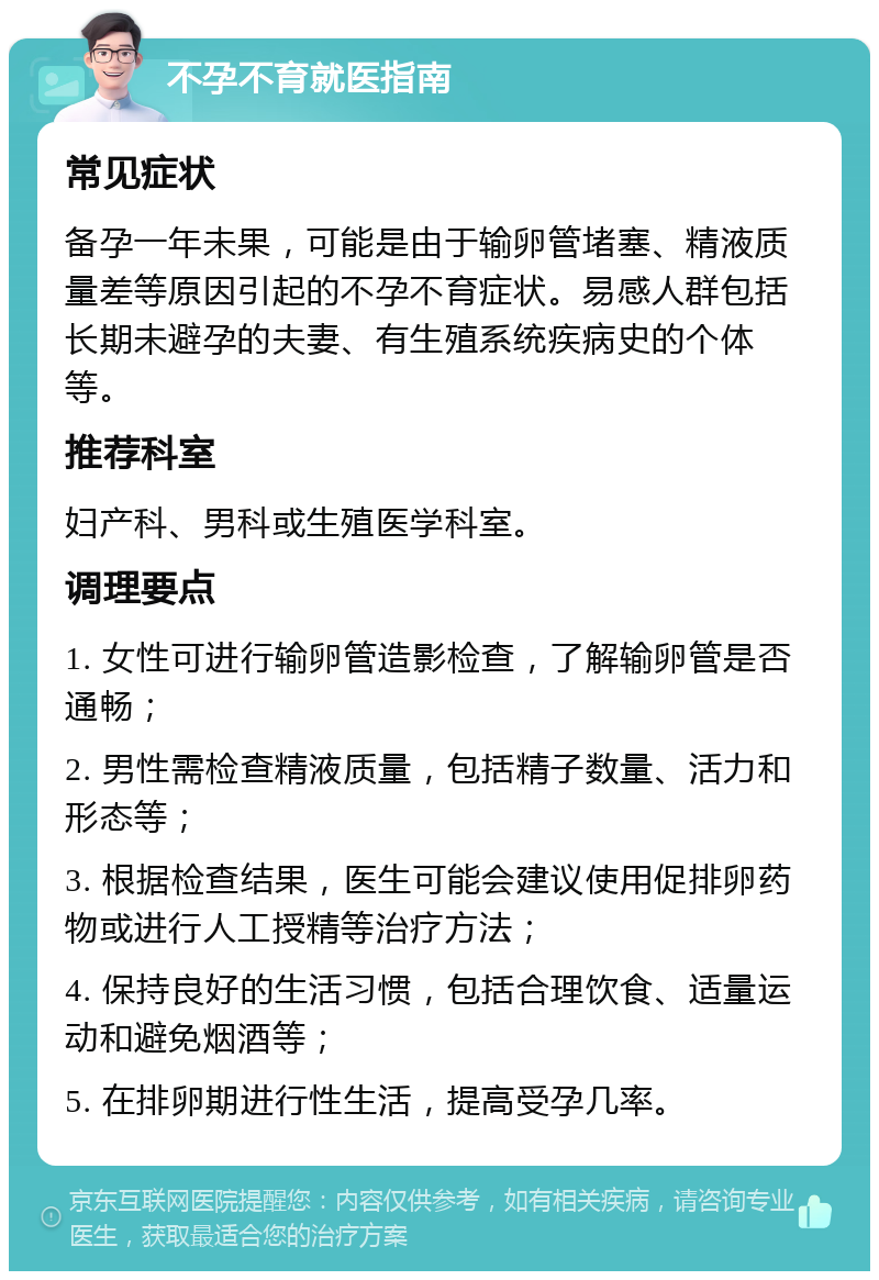 不孕不育就医指南 常见症状 备孕一年未果，可能是由于输卵管堵塞、精液质量差等原因引起的不孕不育症状。易感人群包括长期未避孕的夫妻、有生殖系统疾病史的个体等。 推荐科室 妇产科、男科或生殖医学科室。 调理要点 1. 女性可进行输卵管造影检查，了解输卵管是否通畅； 2. 男性需检查精液质量，包括精子数量、活力和形态等； 3. 根据检查结果，医生可能会建议使用促排卵药物或进行人工授精等治疗方法； 4. 保持良好的生活习惯，包括合理饮食、适量运动和避免烟酒等； 5. 在排卵期进行性生活，提高受孕几率。